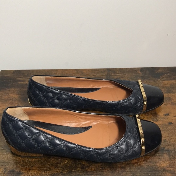 Vintage Napoleoni Navy Leather Quilted Gold Heels Ballet Flats Made in Italy - Picture 1 of 10